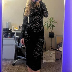 AFRM black floral lace sheer bodycon midi long sleeve turtleneck dress sz small